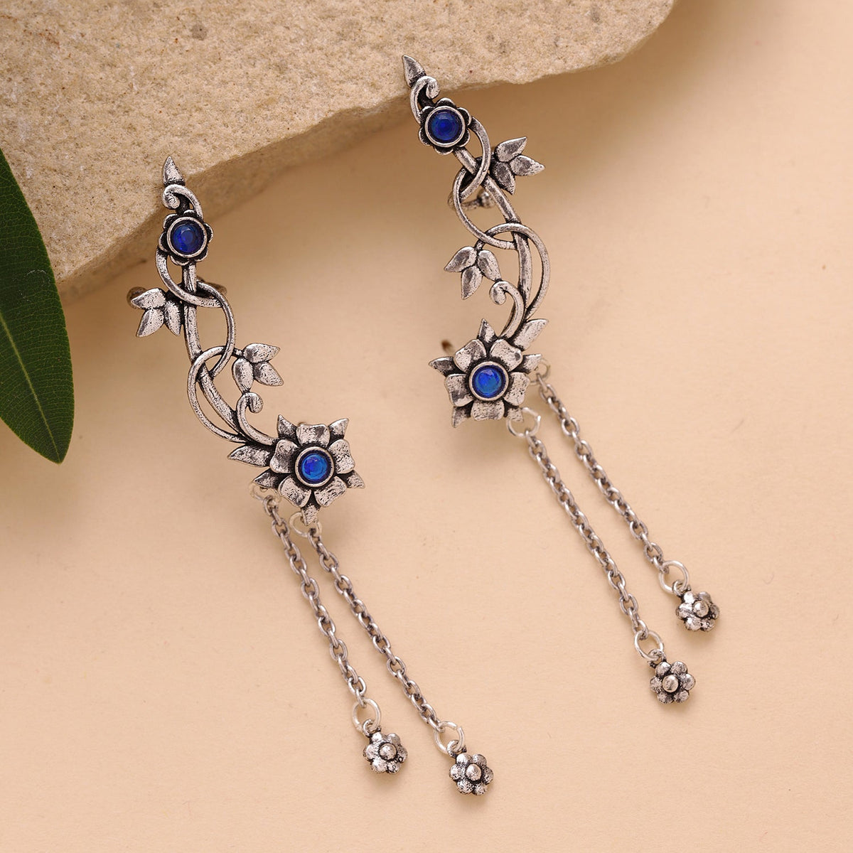 YADEEP Blue Blossom Oxidised Ear Cuff