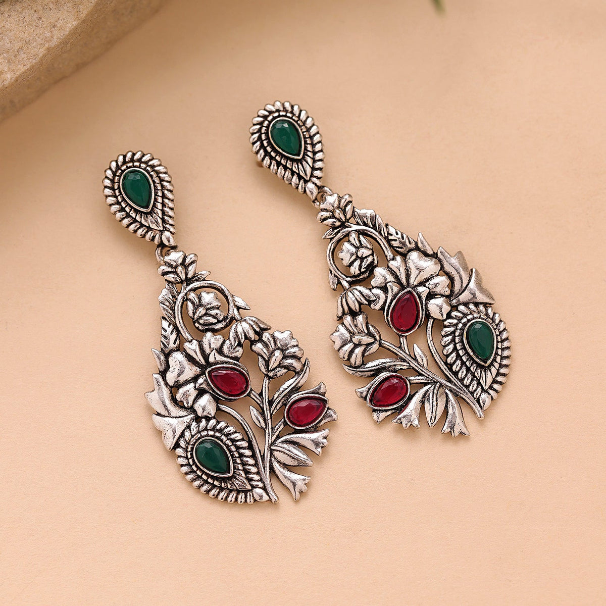 YADEEP Floral Multicolor Oxidised Drop Earrings