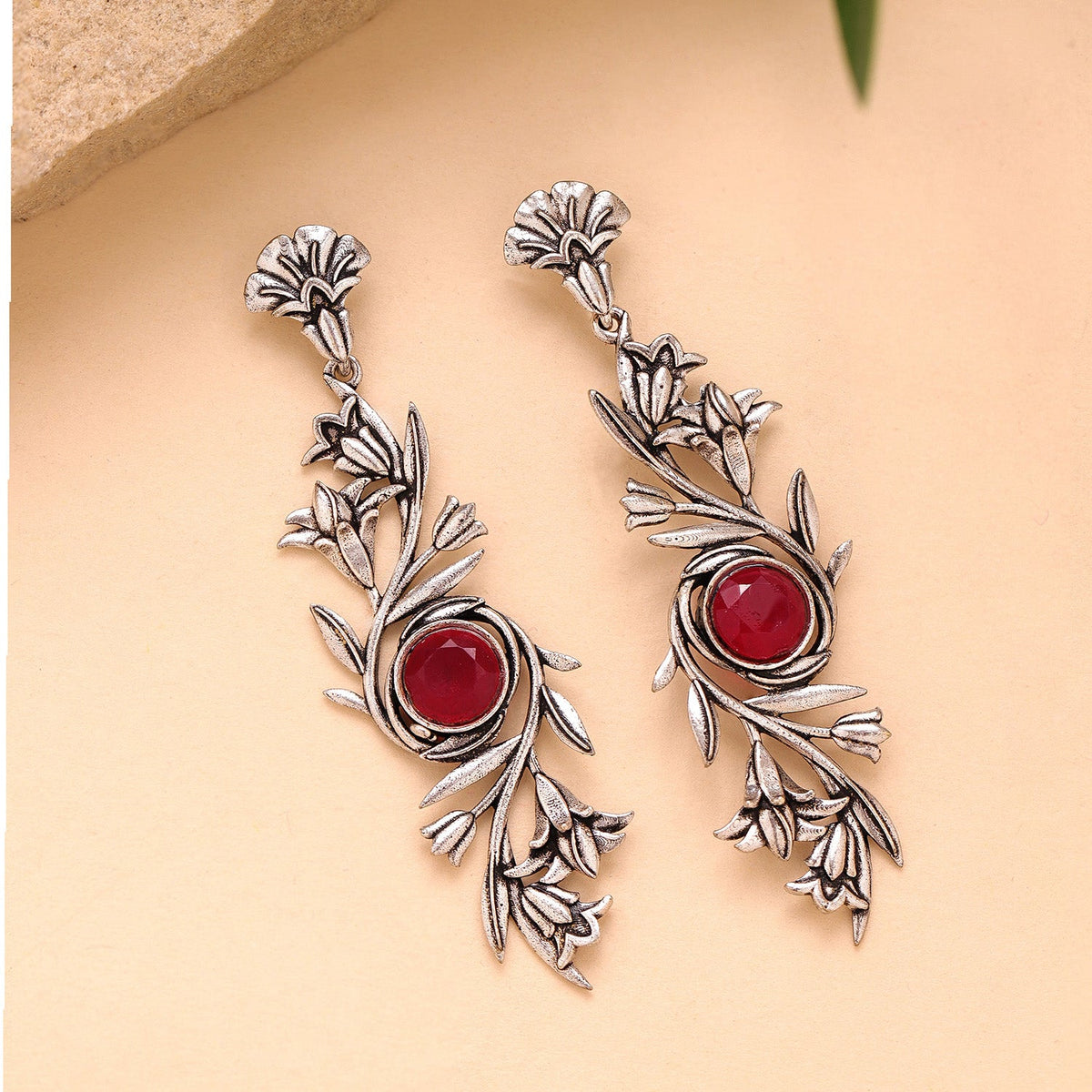 YADEEP Floral Oxidised Drop Earrings