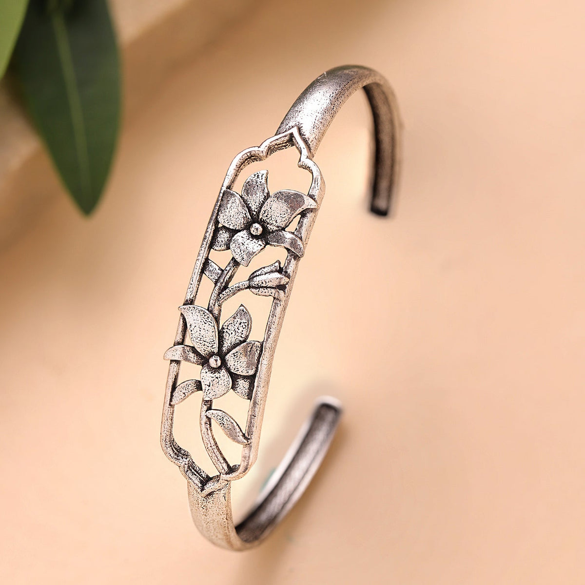 YADEEP Floral Oxidised Silver Cuff Bracelet