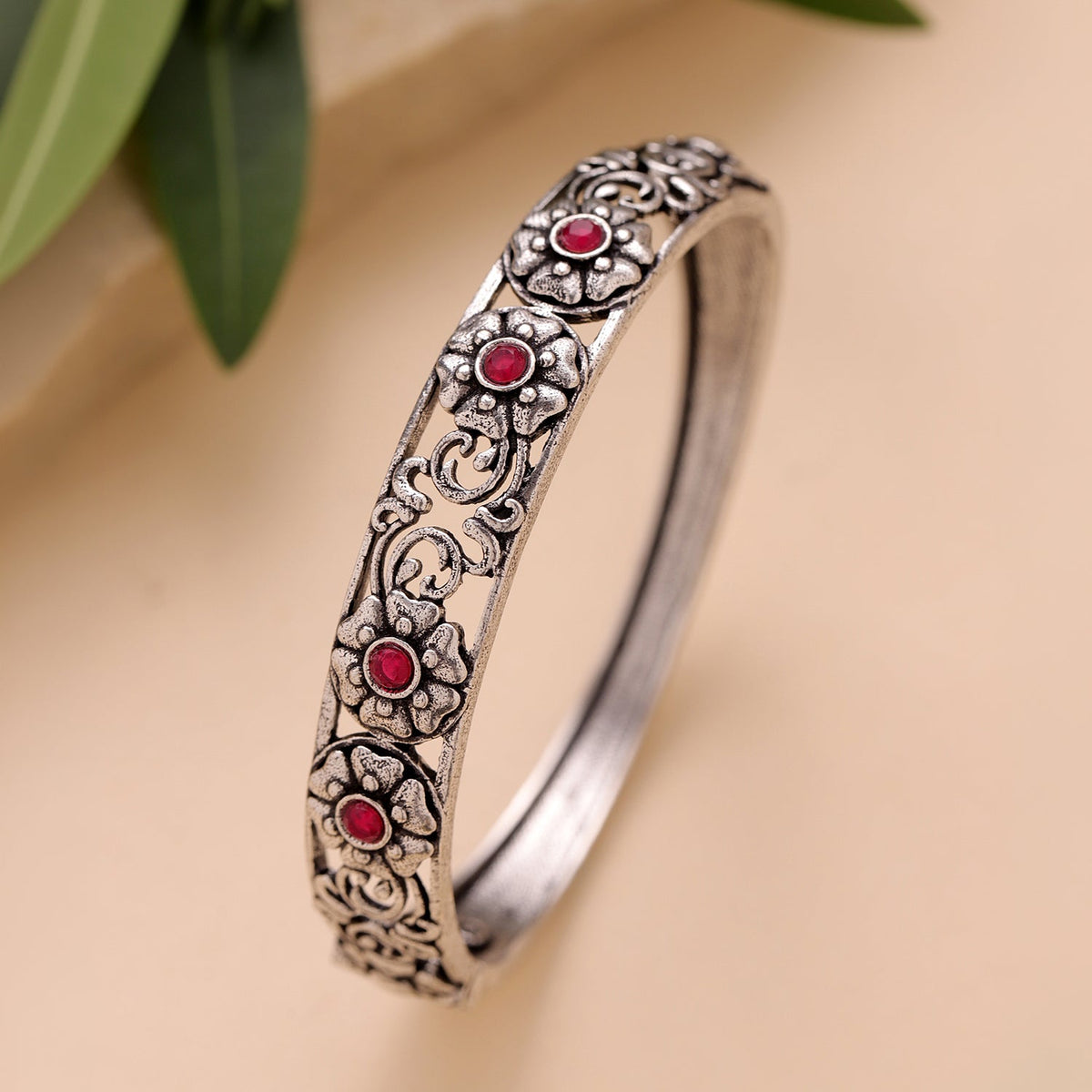 YADEEP Red Botanical Oxidised Cuff Bracelet