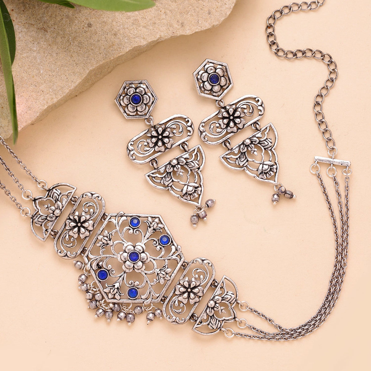 YADEEP Blue Botanical Oxidised Choker Necklace Set
