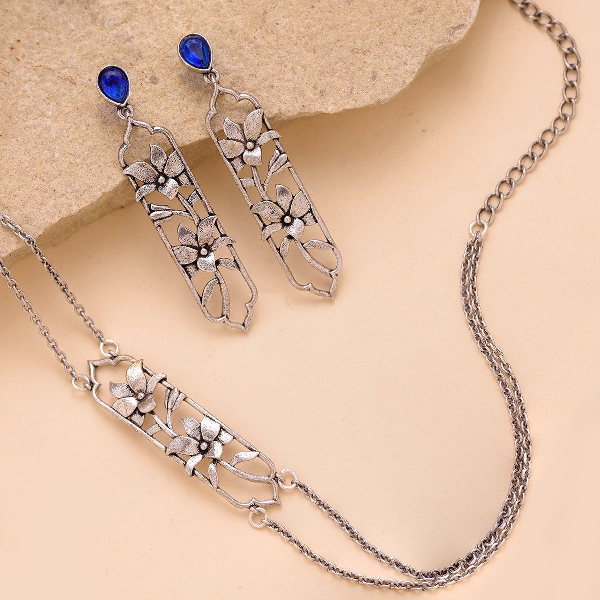 YADEEP Blue Floral Oxidised Choker Necklace Set