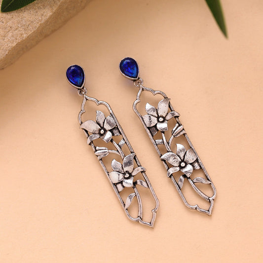YADEEP Blue Floral Oxidised Floral Drop Earrings