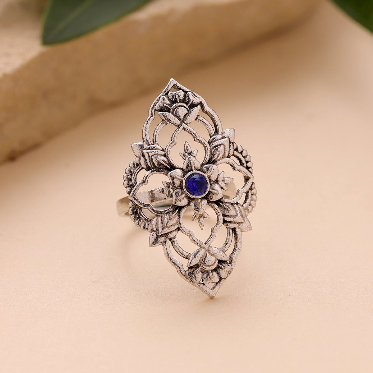 YADEEP Blue Floral Oxidised Ring