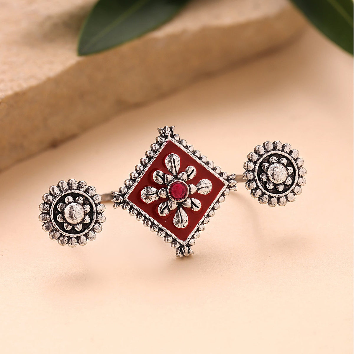 YADEEP Crimson Floral Oxidised Floral Statement Ring