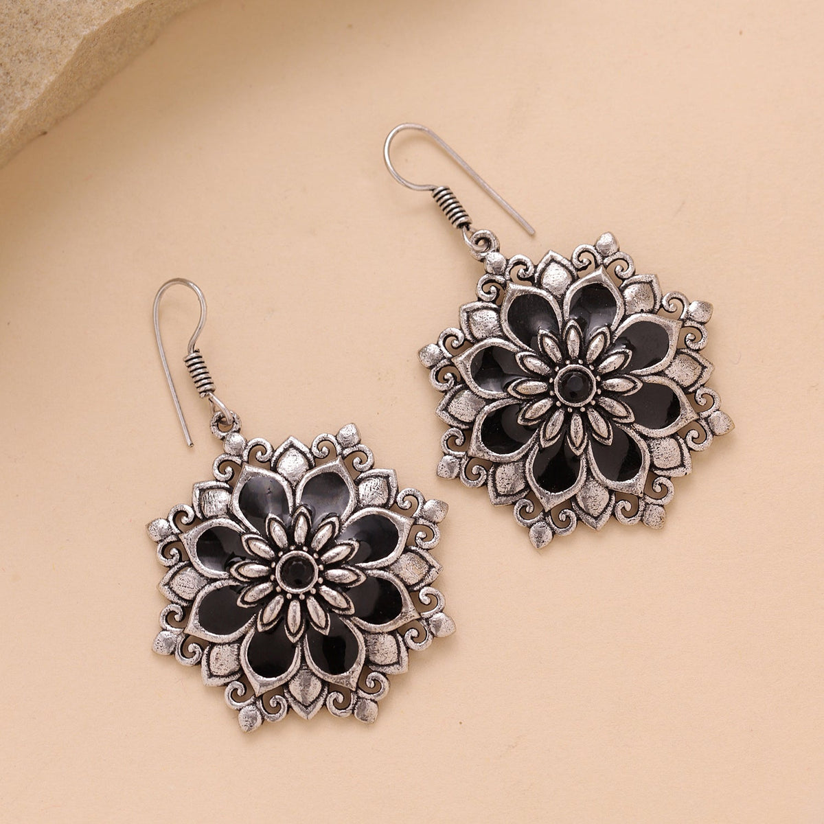 YADEEP Crimson Flower Oxidised Drop Earrings