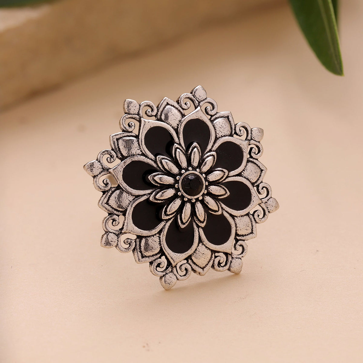 YADEEP Crimson Flower Oxidised Ring