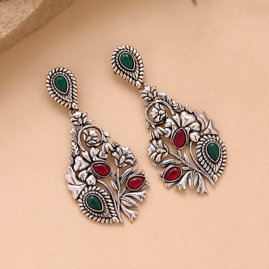 YADEEP Floral Multicolor Oxidised Drop Earrings