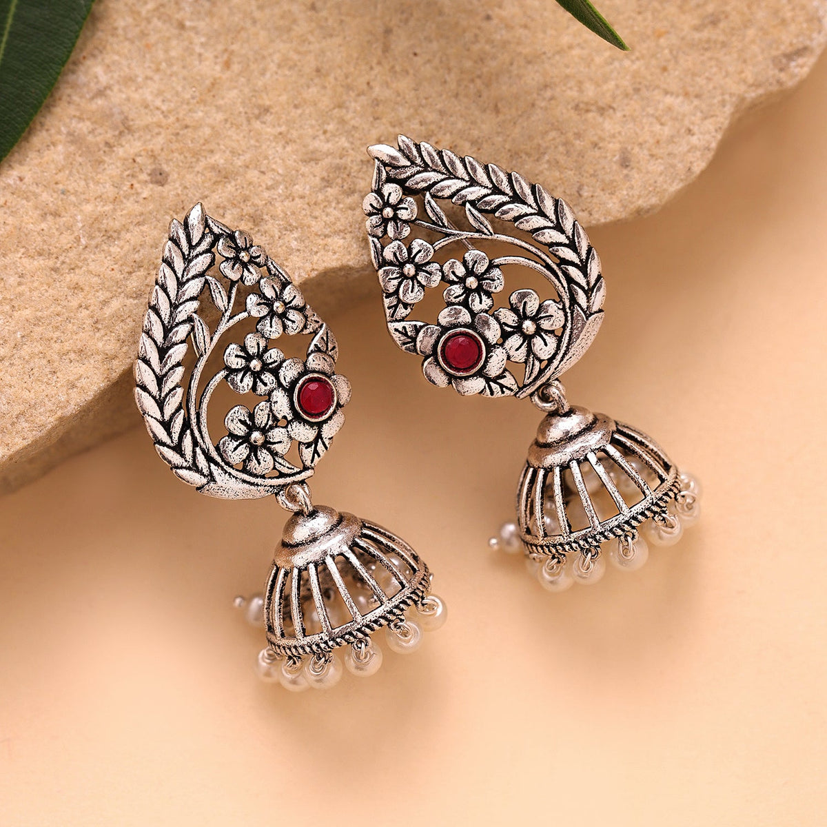 YADEEP Floral Oxidised Jhumka Earrings