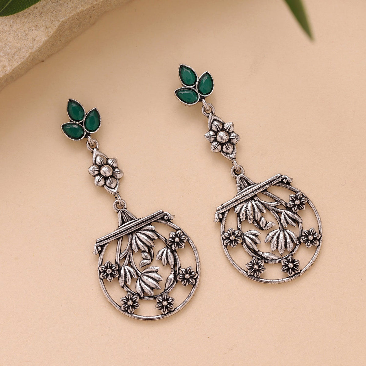 YADEEP Green Blossom Oxidised Drop Earrings