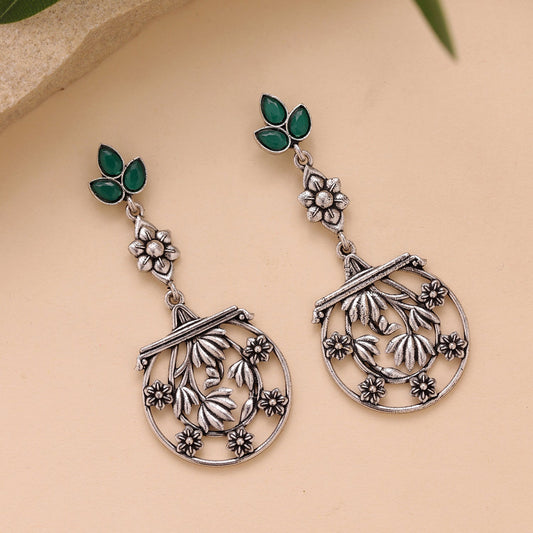 YADEEP Green Blossom Oxidised Drop Earrings