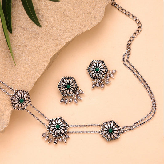 YADEEP Green Botanical Oxidised Floral Choker Necklace Set