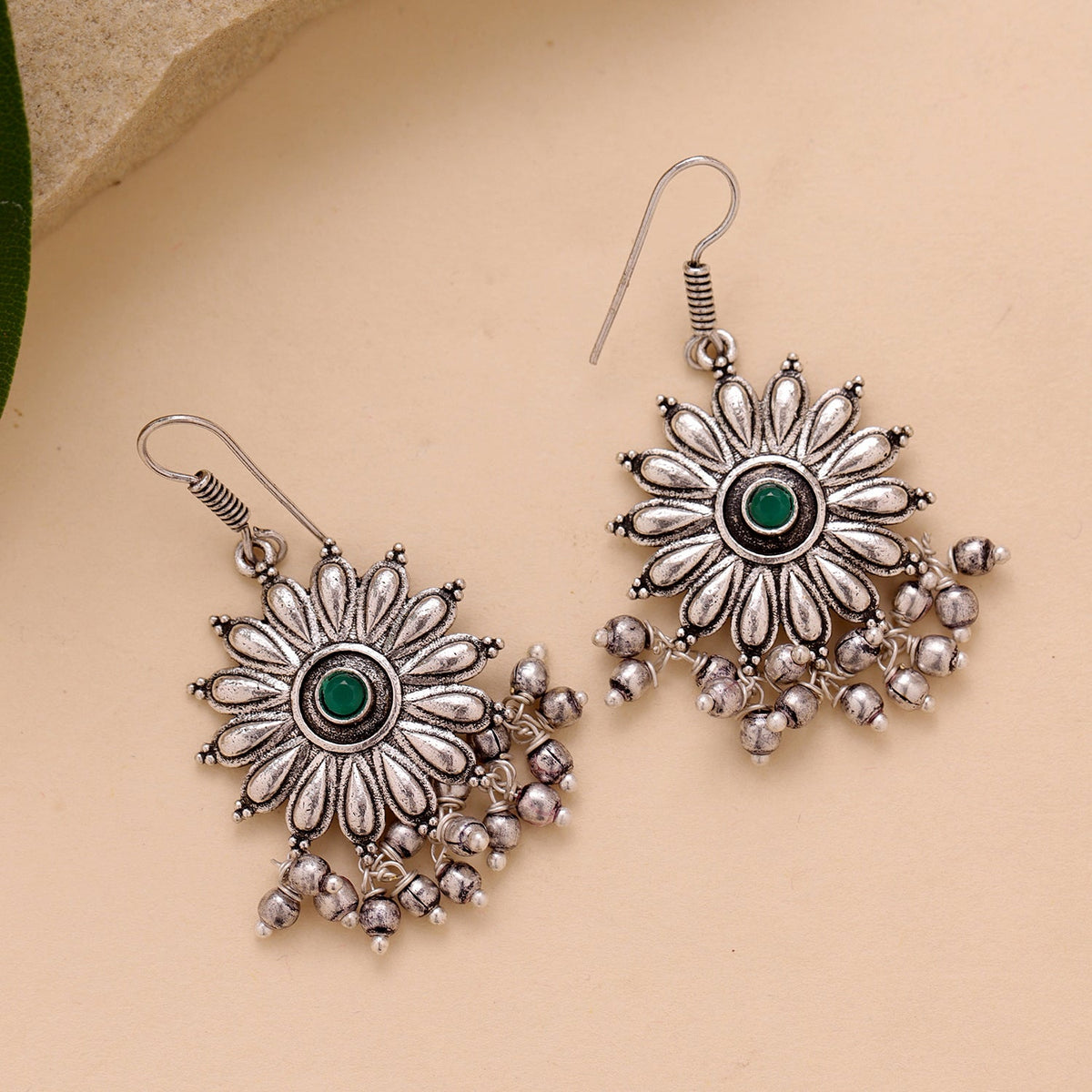YADEEP Green Floral Oxidised Drop Earrings