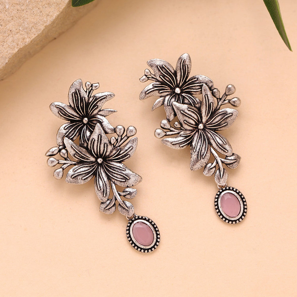 YADEEP Pink Blossom Floral Oxidised Drop Earrings