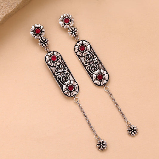 YADEEP Red Botanical Oxidised Floral Drop Earrings