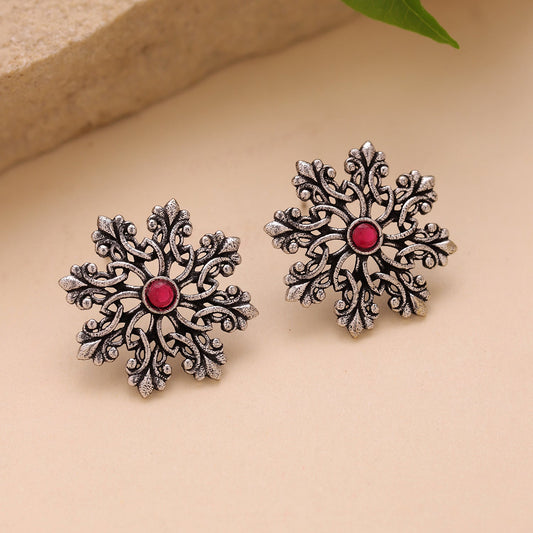 YADEEP Red Floral Oxidised Stud Earrings