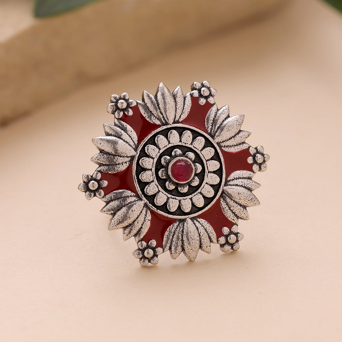 YADEEP Red Petal Oxidised Ring