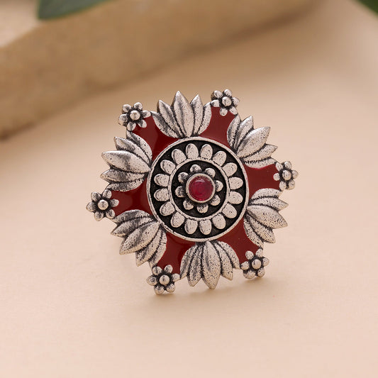 YADEEP Red Petal Oxidised Ring