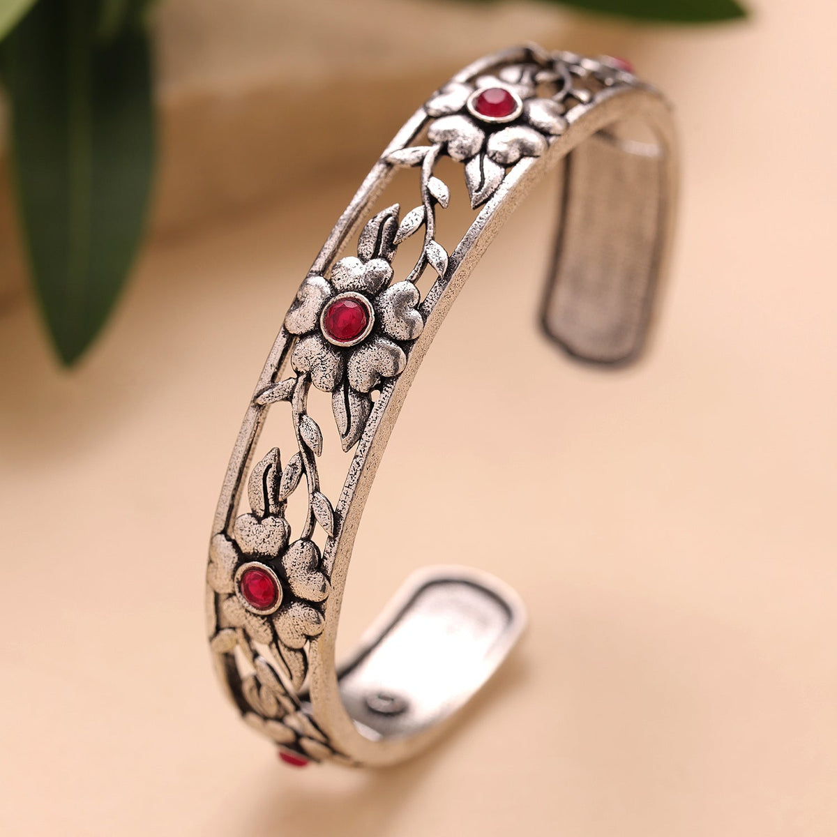 YADEEP Rose Blossom Floral Oxidised Cuff Bracelet