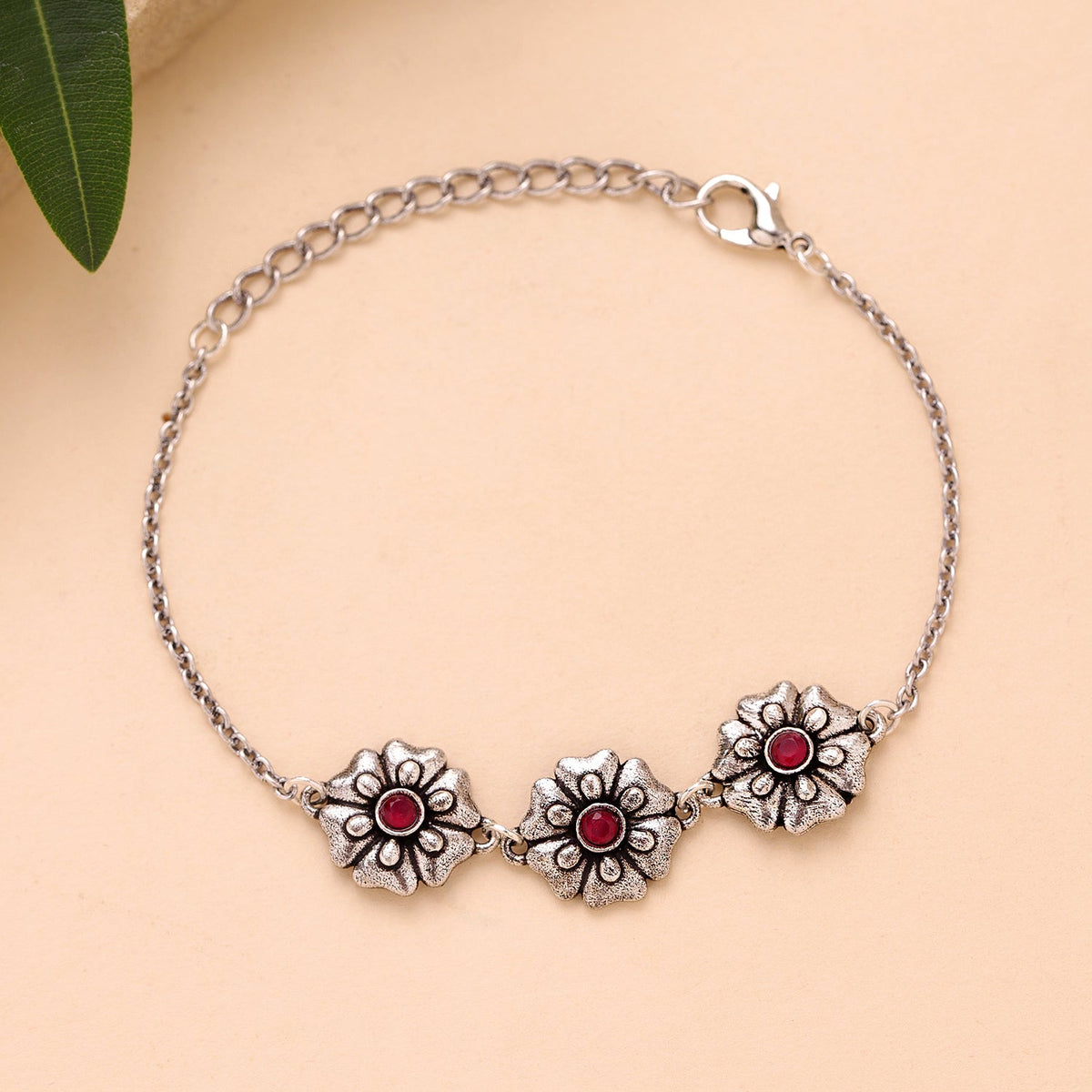 YADEEP Rose Blossom Floral Oxidised Link Bracelet