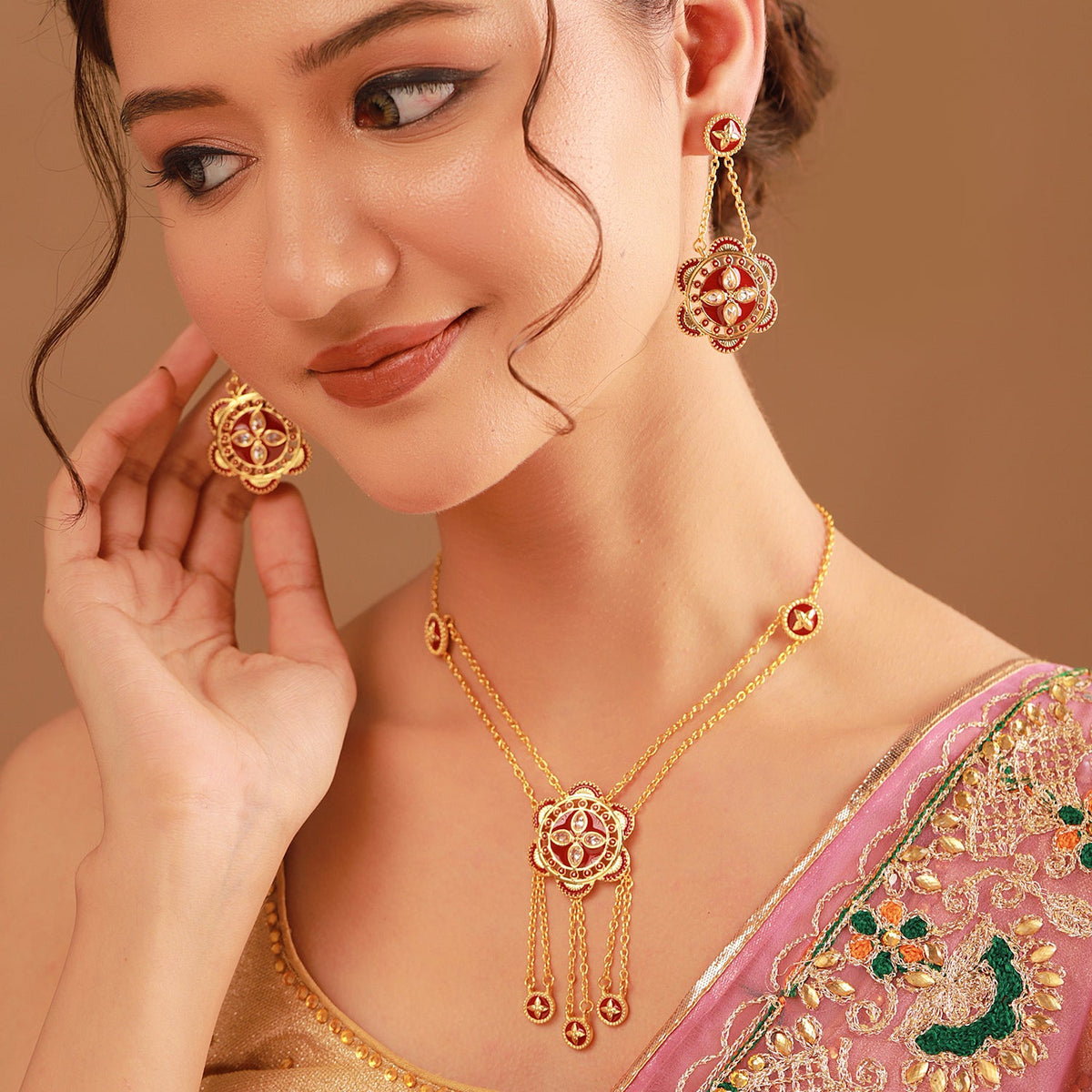 YADEEP Scarlet Floral Necklace Set